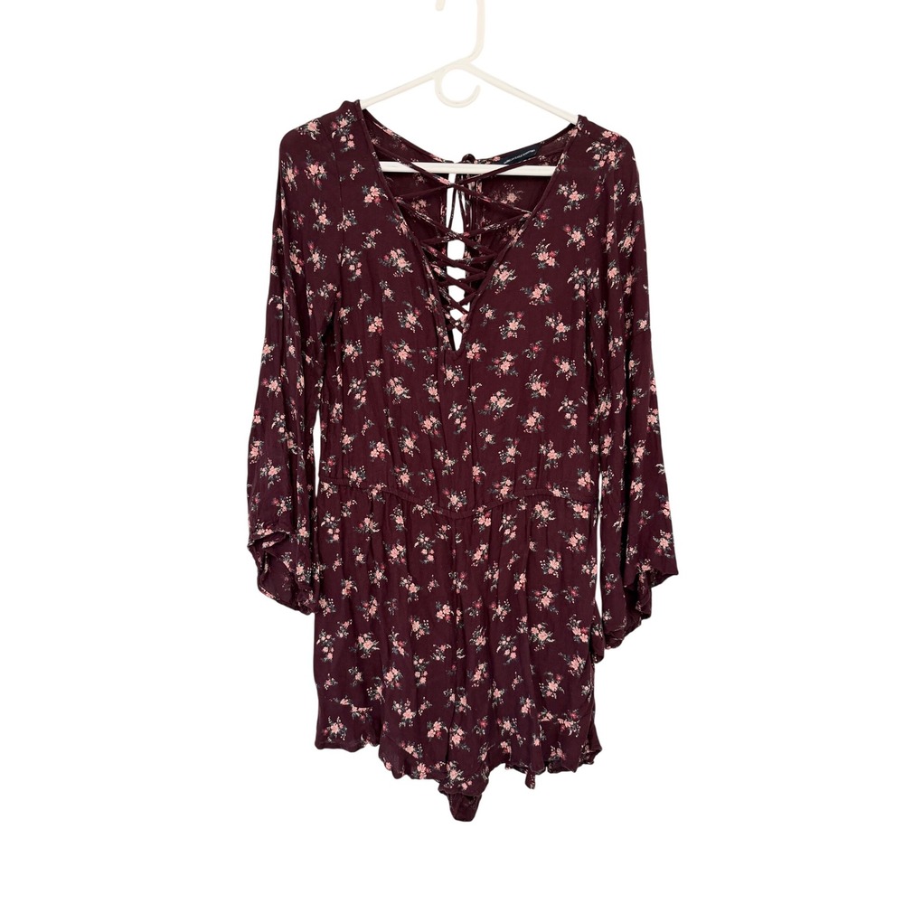 American Eagle Burgundy Floral Lace Up Long Sleeve Romper Small Boho Burgundy